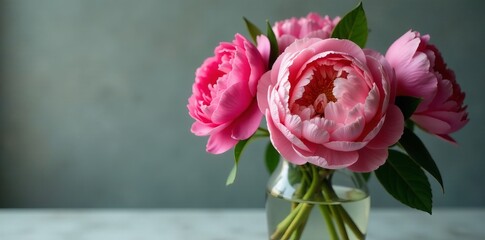 Close up of elegant arrangement of peonies in vase, still life, peonies, floral