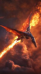Fototapeta premium Robo-Rodan, a metallic pterosaur with jet engines for wings, cutting through the sky with a trail of fire, as its titanium talons prepare to strike.