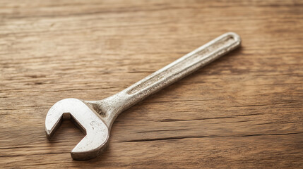 Tool on Wooden Table: An open-ended wrench rests on a rustic wooden table, the light catching its metallic surface. The image evokes a sense of craftsmanship and practical problem-solving.