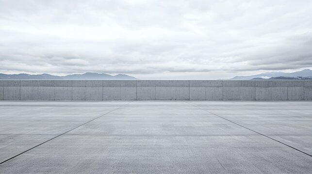 Empty Concrete Space with Grey Sky and Distant Mountains