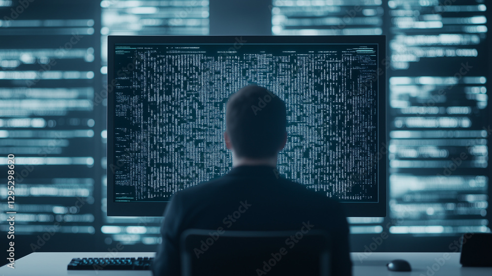 Aufkleber cybersecurity analyst: a silhouette of a professional intently monitors a large computer screen disp