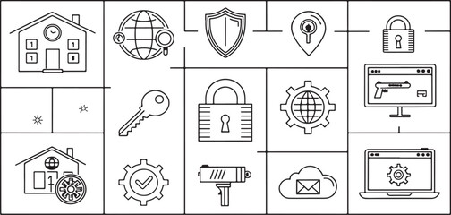 Isolated black and white line art simple lock icons Vector, black and white line art simple lock Silhouette,black and white line art simple lock icons set, black and white line art simple lock