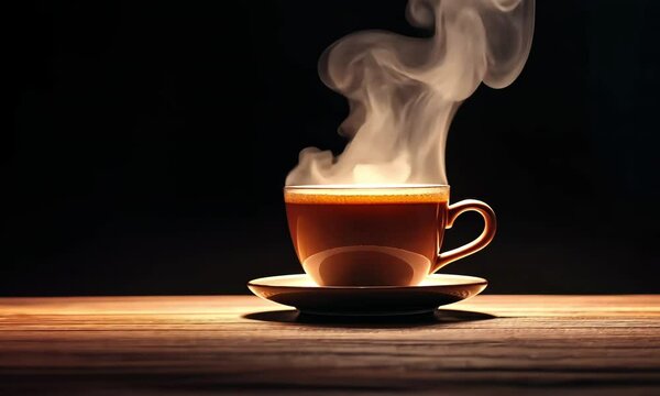 A steaming cup of coffee sits on a wooden table, exuding warmth in a dimly lit atmosphere, perfect for a cozy moment.