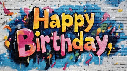 A graffiti mural spelling "Happy Birthday," vibrant paint drips flowing from the letters, chaotic splashes and streaks surrounding the design, textured brick wall with subtle shadow play, hd quality.