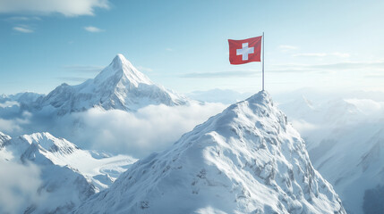 Swiss Flag atop snow mountain: The iconic Swiss flag waves proudly atop a snow-capped mountain peak, under a serene sky.