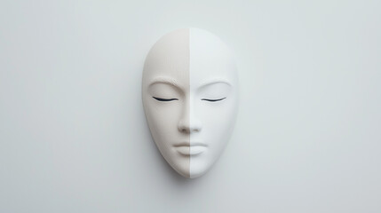 The Divided Self: A studio shot of a porcelain mask, split dramatically into light and shadow, evoking themes of duality, introspection, and the interplay between inner and outer realities.