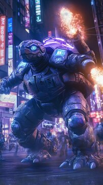 Mecha-Gamera, a robotic turtle with rocket-powered legs and a high-tech shell, charging up its plasma cannons while protecting a futuristic civilization.
