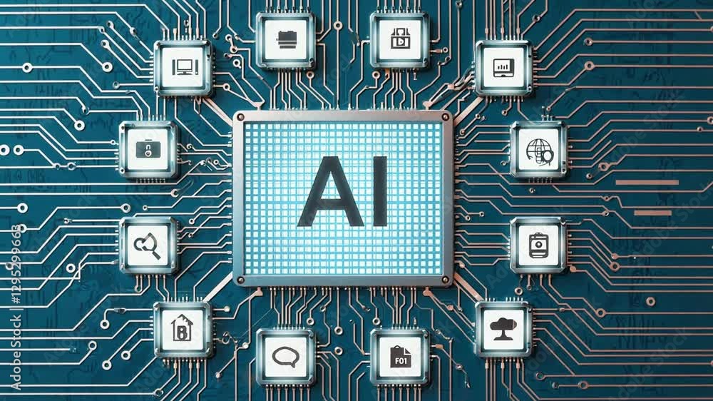 Aufkleber ai core: digital motherboard with the central ai core surrounded by connected application icons, rep