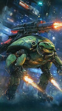 Mecha-Gamera, a robotic turtle with rocket-powered legs and a high-tech shell, charging up its plasma cannons while protecting a futuristic civilization.