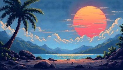 Old-style pixel art depicting a vibrant sunset with palm trees, capturing a retro gaming landscape