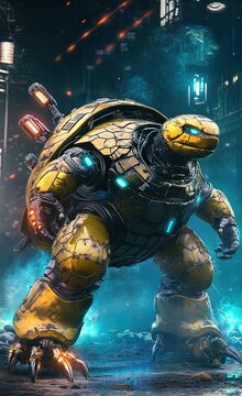 Mecha-Gamera, a robotic turtle with rocket-powered legs and a high-tech shell, charging up its plasma cannons while protecting a futuristic civilization.