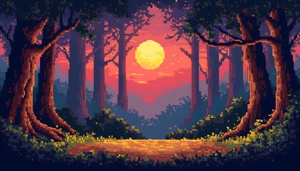 A pixel art scene featuring a forest path at sunset, capturing a nostalgic game landscape with rich colors
