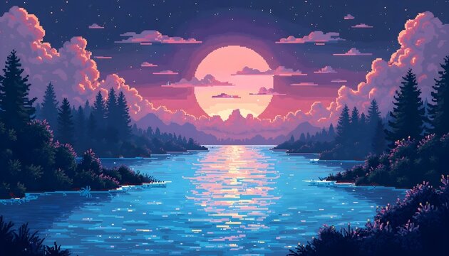 Pixel art of a sunset over a river and mountains, featuring a retro landscape ideal for a game background