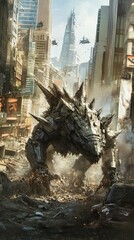 Obraz premium Cyber-Anguirus, an armored quadruped covered in sharp metal spikes, charging through a wasteland of crumbling skyscrapers, crushing everything in its path.