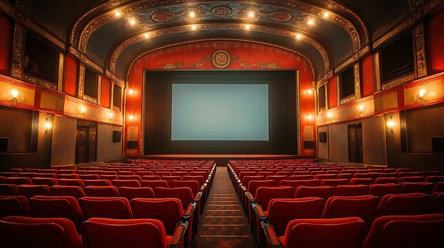 a movie theater with red seats and a screen
