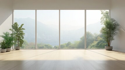 Modern room with mountain view, sunlight and plants
