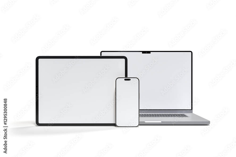 Wall mural 3d realistic laptop, tablet and smartphone digital device mockup with blank screen isolated on backg