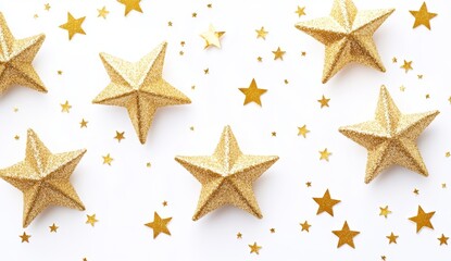 Gold star confetti, festive, flat lay, celebration on white background