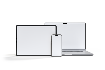 3D Realistic laptop, tablet and smartphone digital device mockup with blank screen isolated on background. Mockup technology empty display template for ui, ux, app, ads and website presentation