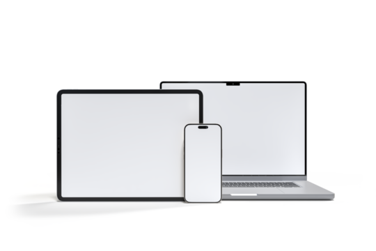 3D Realistic laptop, tablet and smartphone digital device mockup with blank screen isolated on background. Mockup technology empty display template for ui, ux, app, ads and website presentation