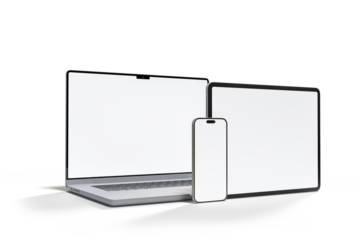 3D Realistic laptop, tablet and smartphone digital device mockup with blank screen isolated on background. Mockup technology empty display template for ui, ux, app, ads and website presentation