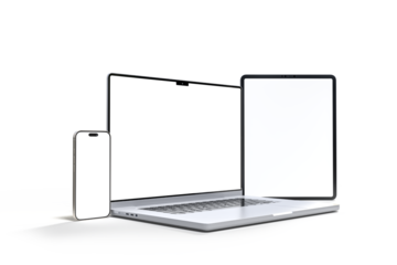 3D Realistic laptop, tablet and smartphone digital device mockup with blank screen isolated on background. Mockup technology empty display template for ui, ux, app, ads and website presentation