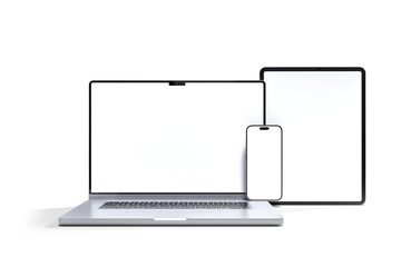 3D Realistic laptop, tablet and smartphone digital device mockup with blank screen isolated on background. Mockup technology empty display template for ui, ux, app, ads and website presentation