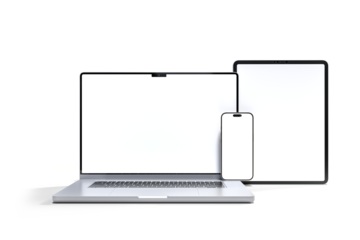 3D Realistic laptop, tablet and smartphone digital device mockup with blank screen isolated on background. Mockup technology empty display template for ui, ux, app, ads and website presentation