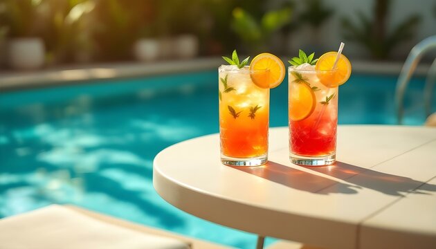 Two refreshing Pimm's Cup cocktails on a table near a pool, capturing the essence of a summer celebration