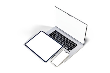 3D Realistic laptop, tablet and smartphone digital device mockup with blank screen isolated on...