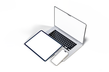 3D Realistic laptop, tablet and smartphone digital device mockup with blank screen isolated on background. Mockup technology empty display template for ui, ux, app, ads and website presentation