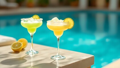 Refreshing orange juice in glasses with straws, set on a table near a swimming pool during a vibrant summer party