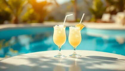 Two glasses of orange juice with straws on a table by a pool, perfect for a summer pool party with Frozen Margaritas