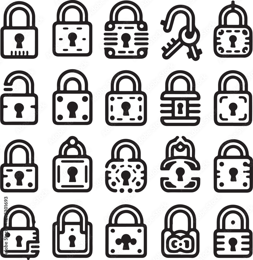 Poster lock icons set with various security and protection symbols