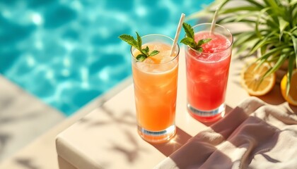 Refreshing pink drinks in glasses with straws on a table, perfect for a summer pool party