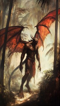 A sinister Filipino Aswang, with bat-like wings and a long, snake-like tongue, hunts under the shadow of tall palm trees in a remote village. 