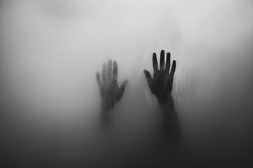 A black and white photograph of two hands behind a foggy glass creates an eerie atmosphere.