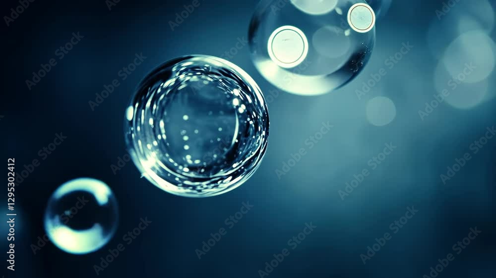 Poster bubbles floating in a dark blue atmosphere create an ethereal ambiance in a serene environment