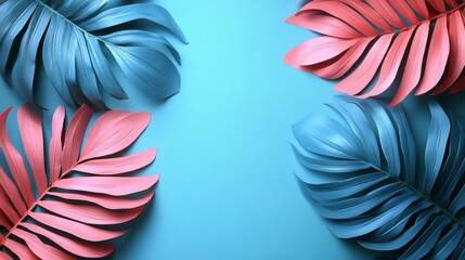 Vibrant Coral and Teal Tropical Leaves on a Blue Background