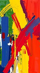 An Abstract Image Depicting A Vibrant Interplay Of Bold Primary Colors, Utilizing Dynamic Brushstrokes And Impasto Techniques, Presented In A Square Format With A Balanced Compositio.