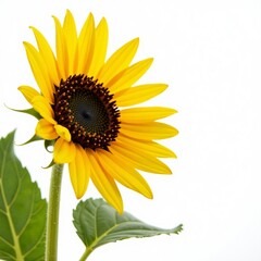 Obraz premium Close-up of yellow sunflower on white backdrop, colorful, fresh, garden