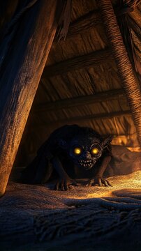 A mischievous African Tokoloshe, small and deformed, lurks under the bed in a dimly lit hut. Its glowing eyes and hunched body evoke dread, witchcraft, and malevolent spirits from African mythology