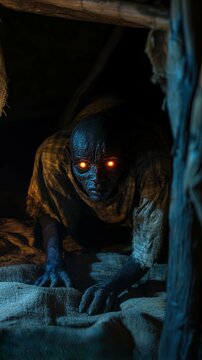 A mischievous African Tokoloshe, small and deformed, lurks under the bed in a dimly lit hut. Its glowing eyes and hunched body evoke dread, witchcraft, and malevolent spirits from African mythology