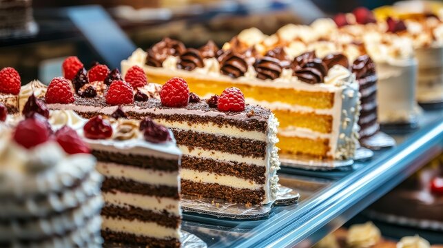 Fresh cake slice displayed on the cake shop. Food photography