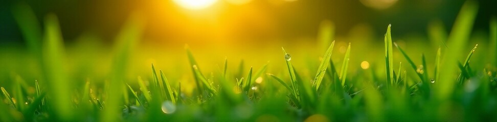 Close up shot of dew drops on blades of grass in sunrise, macro, green, summer