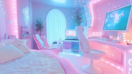 Dreamy Pastel Bedroom with Futuristic Computer Setup