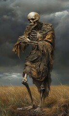 Fototapeta premium A gaunt, skeletal Fear Gorta, dressed in rags, roams the barren fields under a stormy sky, begging for food. 