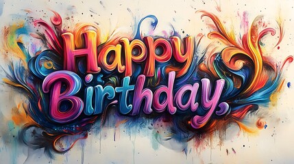 Abstract graffiti spelling "Happy Birthday," bold letters intertwined with swirling shapes and vibrant paint strokes, soft gradient background enhancing the contrast, cinematic lighting,