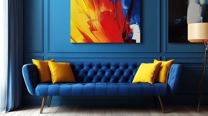 Obraz premium Stylish blue living room features a blue velvet sofa with yellow pillows, and abstract paintings on the wall.