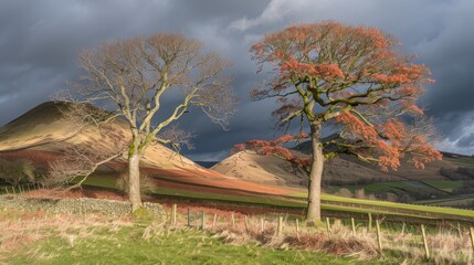 Obraz premium The mountain view is decorated with trees and grass